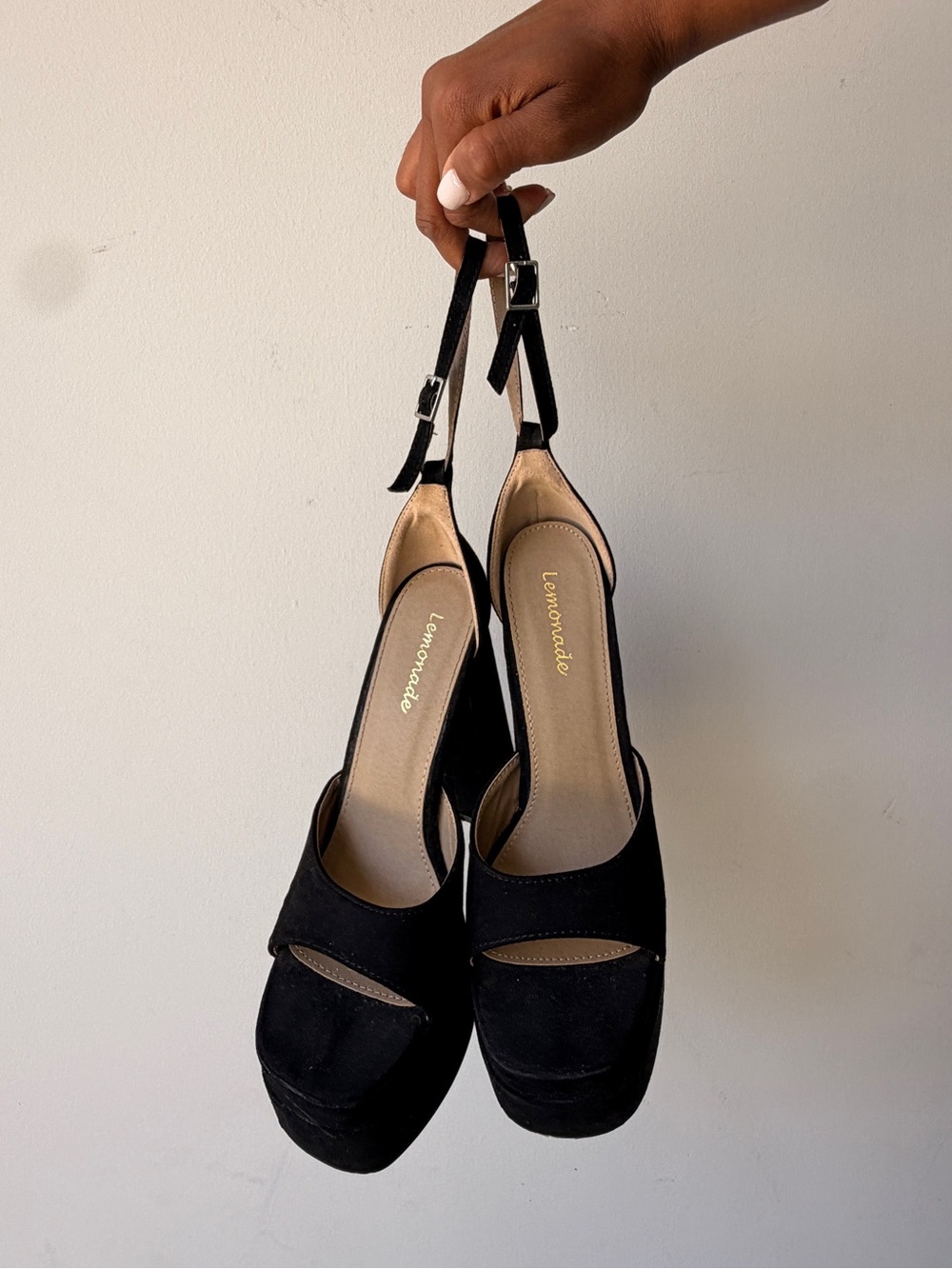 Lemonade Black Suede Platform Slingback Heels